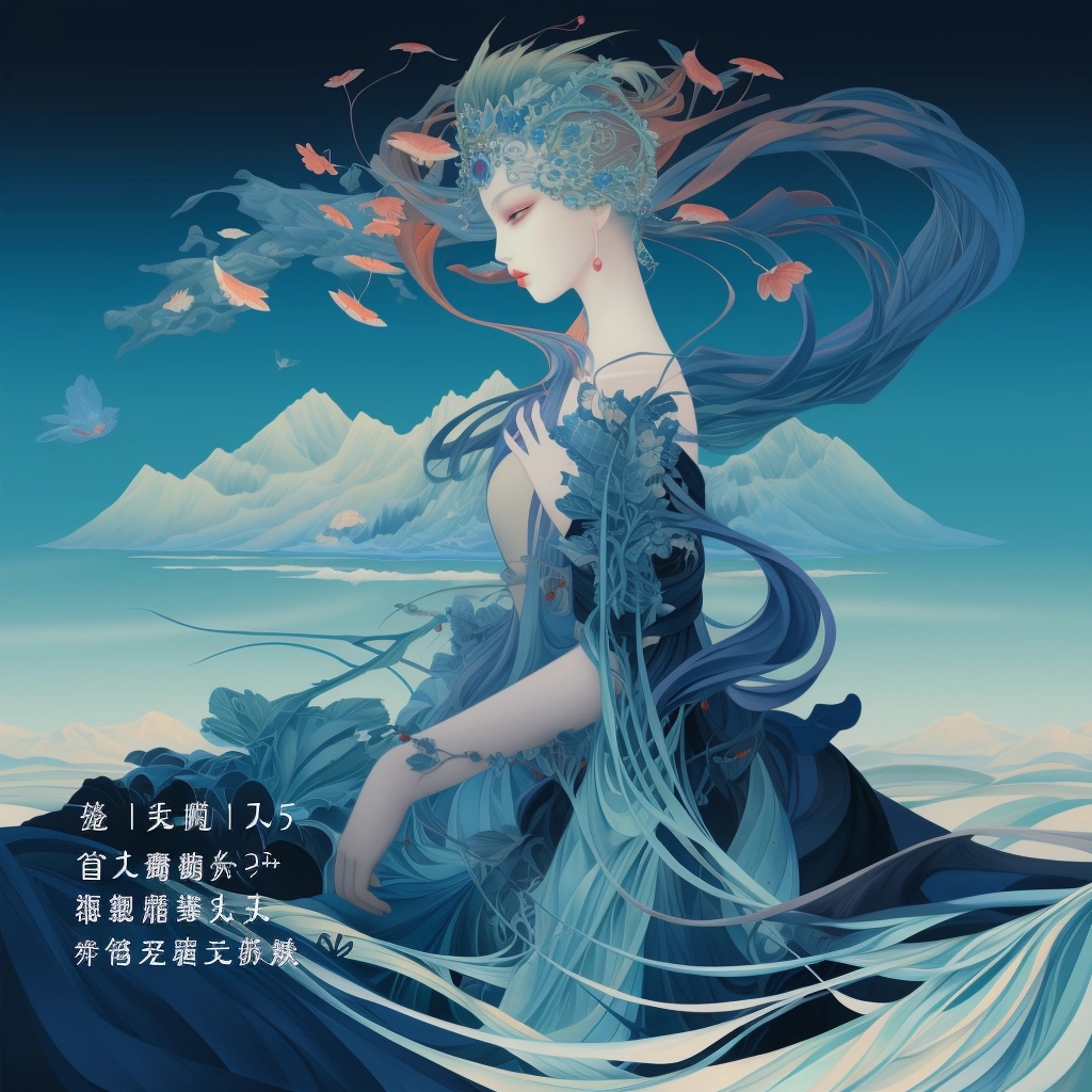 蓝色幻想画面中，一位戴华丽头饰的女子坐在群山与飞鱼之间