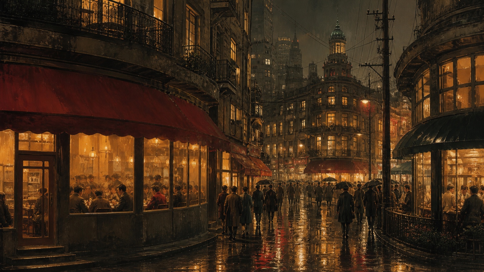 雨夜里暖金色餐厅与人群交织成九十年代上海街景