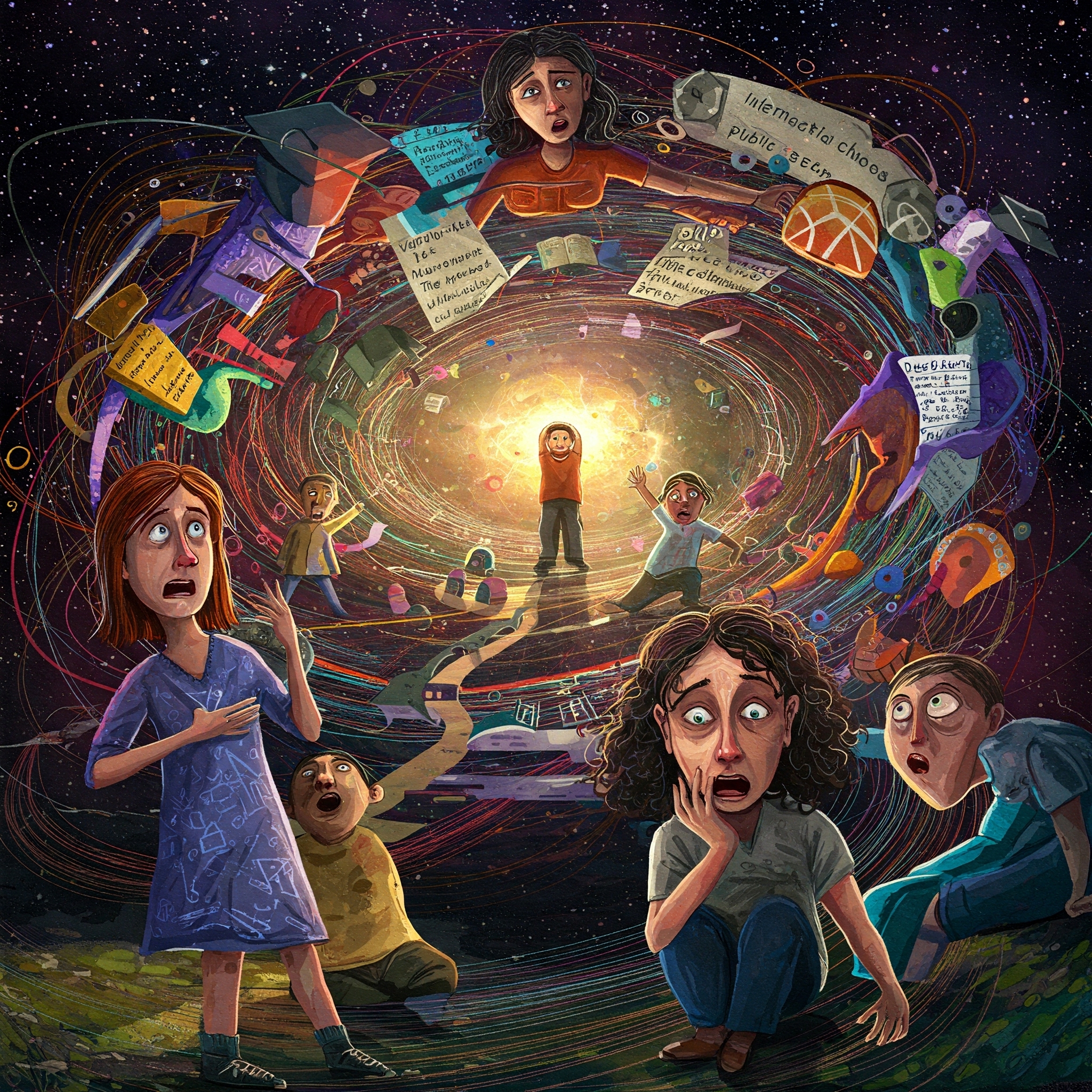 星空般旋涡中被学业和选择包围的孩子与忧虑的家长插画