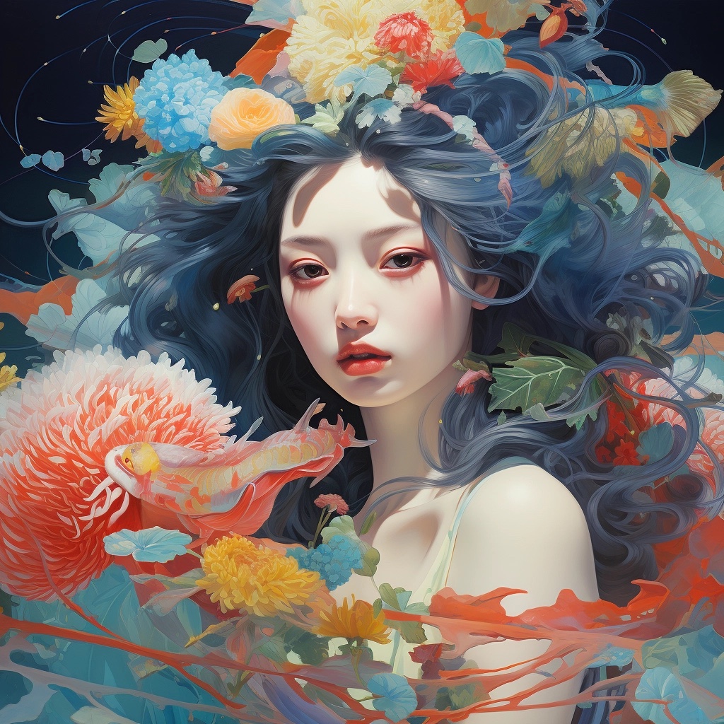 深蓝背景中由鲜花与游鱼环绕的女性插画