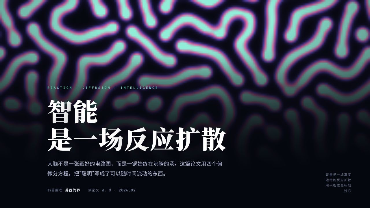 紫色、品红与青色的反应扩散纹路环绕文章标题