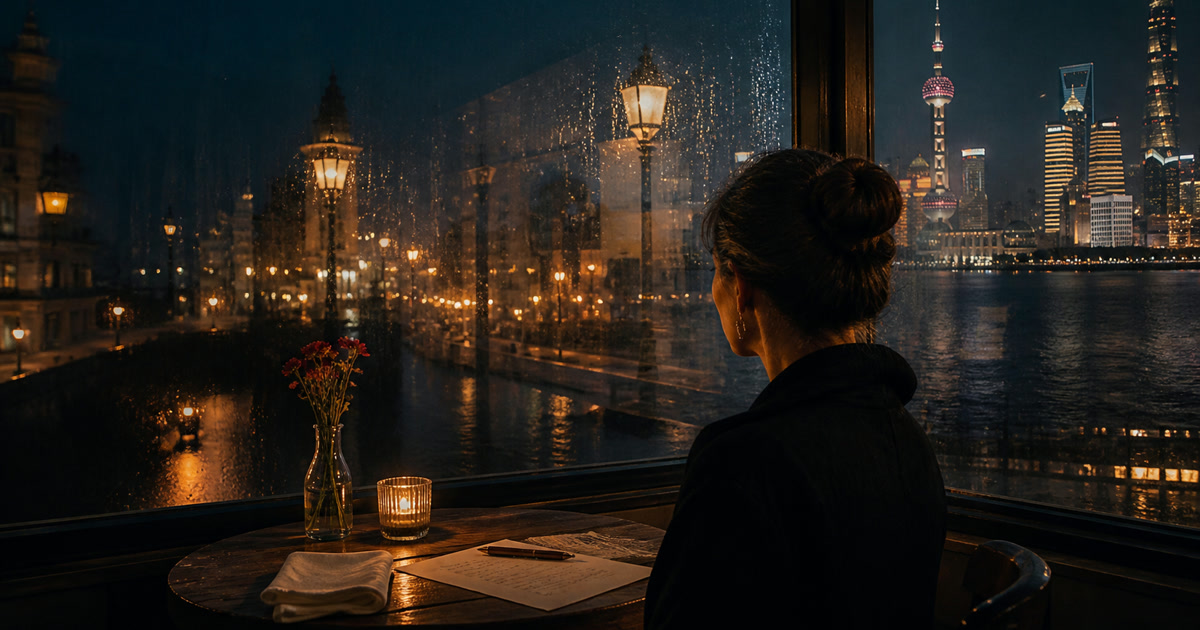 雨夜咖啡馆窗前，一名女子面对交叠的布宜诺斯艾利斯与上海夜景，桌上放着未寄出的信和白手帕