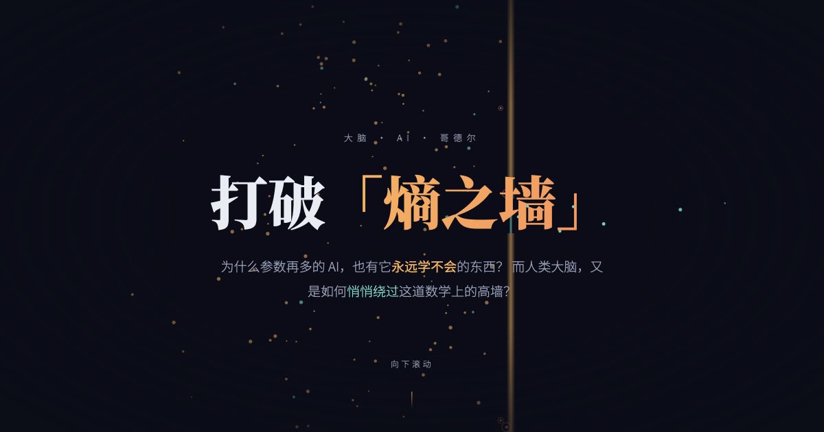 深色页面中的熵之墙标题，琥珀与青色粒子在发光竖墙两侧运动